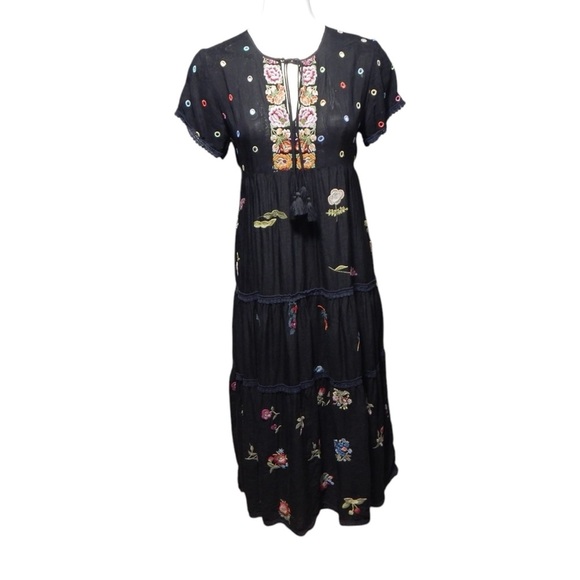 Johnny Was Dresses & Skirts - Johnny Was Botanical Midi Dress Embroidered Cupra Rayon Size XS Black Tiered